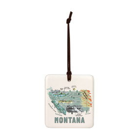 A square cream hanging tile magnet ornament with a map illustration of Montana with landmarks and cities.