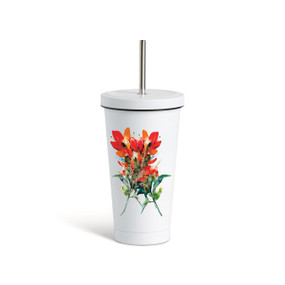 A white tumbler with a white lid and metal straw that has a watercolor image of red Indian paintbrush flowers on the front.