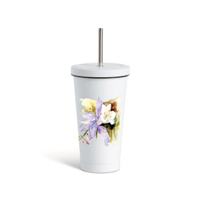 A white tumbler with a white lid and metal straw that has a watercolor image of a columbine flower on the front.