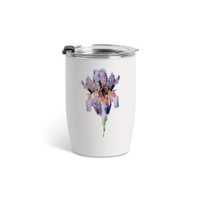 A white tumbler with a clear plastic lid and a watercolor image of a purple iris flower on the front.