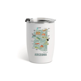 A white tumbler with a clear plastic lid and a map illustration of Arizona with landmarks and cities.
