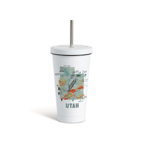 A white tumbler with a white lid and metal straw with a map illustration of Utah with landmarks and cities.