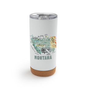 A white cork bottom tumbler with a graphic map image of Montana and illustrations of famous locations and cities.