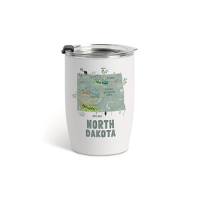A white tumbler with a clear plastic lid and a map illustration of North Dakota with landmarks and cities.