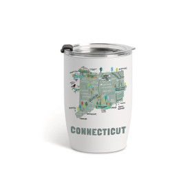 A white tumbler with a clear plastic lid and a map illustration of Connecticut with landmarks and cities.