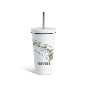 A white tumbler with a white lid and metal straw with a map illustration of Hawaii with landmarks and cities.