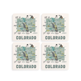 A set of four white square coasters with a map illustration of Colorado with famous landmarks and cities.