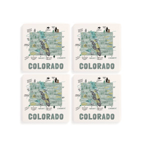 A set of four white square coasters with a map illustration of Colorado with famous landmarks and cities.