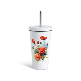 A white tumbler with a white lid and metal straw that has a watercolor image of red poppies on the front.
