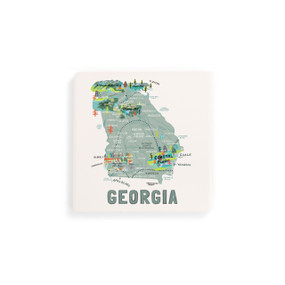 A set of four white square coasters with a map illustration of Georgia with famous landmarks and cities.