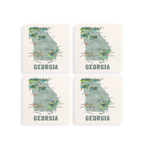 A set of four white square coasters with a map illustration of Georgia with famous landmarks and cities.