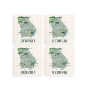 A set of four white square coasters with a map illustration of Georgia with famous landmarks and cities.