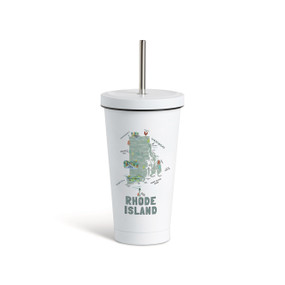 A white tumbler with a white lid and metal straw with a map illustration of Rhode Island with landmarks and cities.