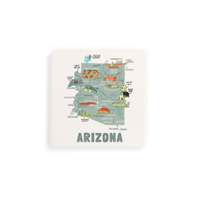 A set of four white square coasters with a map illustration of Arizona with famous landmarks and cities.