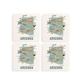 A set of four white square coasters with a map illustration of Arizona with famous landmarks and cities.