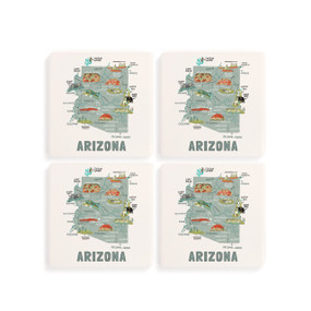 A set of four white square coasters with a map illustration of Arizona with famous landmarks and cities.