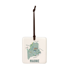 A square cream hanging tile magnet ornament with a map illustration of Maine with landmarks and cities.