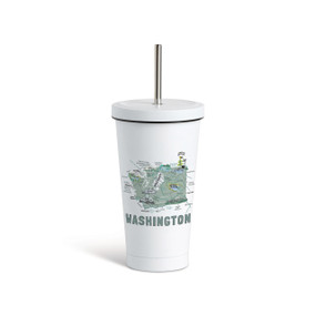A white tumbler with a white lid and metal straw with a map illustration of Washington with landmarks and cities.