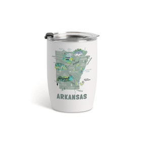 A white tumbler with a clear plastic lid and a map illustration of Arkansas with landmarks and cities.