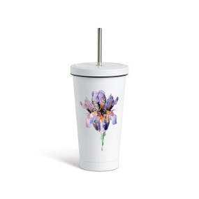 A white tumbler with a white lid and metal straw that has a watercolor image of a purple iris flower on the front.
