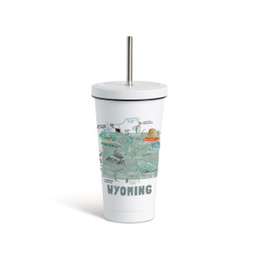 A white tumbler with a white lid and metal straw with a map illustration of Wyoming with landmarks and cities.
