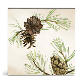 An illustrated square wall art of pine branches and pinecones on a cream background.