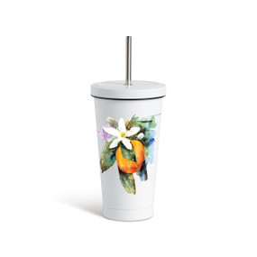 A white tumbler with a white lid and metal straw that has a watercolor image of an orange blossom on the front.