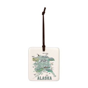A square cream hanging tile magnet ornament with a map illustration of Alaska with landmarks and cities.