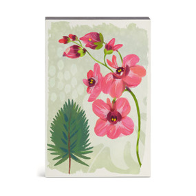 A wall art of pink tropical flowers on a light green background.