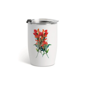 A white tumbler with a clear plastic lid and a watercolor image of red Indian paintbrush flowers on the front.