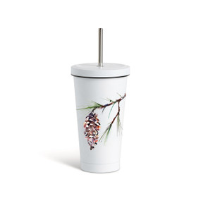 A white tumbler with a white lid and metal straw that has a watercolor image of a pine branch on the front.