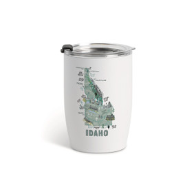 A white tumbler with a clear plastic lid and a map illustration of Idaho with landmarks and cities.