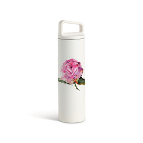 A white water bottle with a screw top handled lid. The front has a watercolor image of a pink rose.