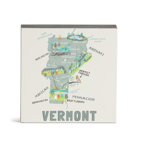 A white square wall art with an illustrated map of Vermont with landmarks and cities.