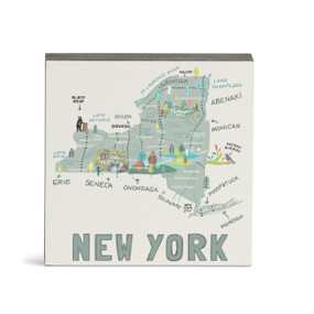 A white square wall art with an illustrated map of New York with landmarks and cities.