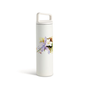 A white water bottle with a screw top handled lid. The front has a watercolor image of a columbine flower.