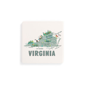 A set of four white square coasters with a map illustration of Virginia with famous landmarks and cities.