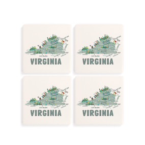 A set of four white square coasters with a map illustration of Virginia with famous landmarks and cities.