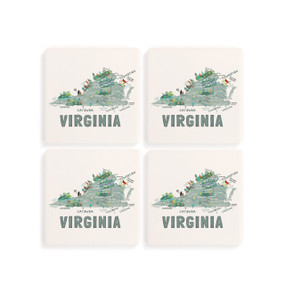 A set of four white square coasters with a map illustration of Virginia with famous landmarks and cities.
