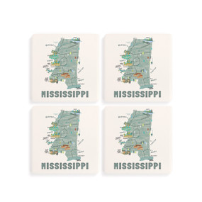 A set of four white square coasters with a map illustration of Mississippi with famous landmarks and cities.