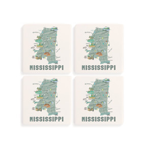 A set of four white square coasters with a map illustration of Mississippi with famous landmarks and cities.