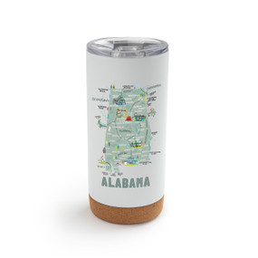 A white cork bottom tumbler with a graphic map image of Alabama and illustrations of famous locations and cities.