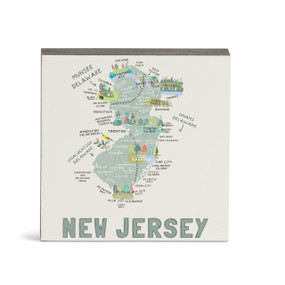 A white square wall art with an illustrated map of New Jersey with landmarks and cities.