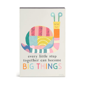 A wall art of a pastel colorful snail and the saying "every little step together can become Big Things".