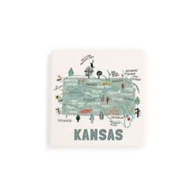 A set of four white square coasters with a map illustration of Kansas with famous landmarks and cities.