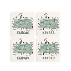 A set of four white square coasters with a map illustration of Kansas with famous landmarks and cities.