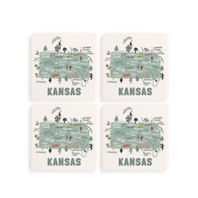 A set of four white square coasters with a map illustration of Kansas with famous landmarks and cities.