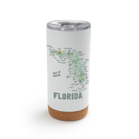 A white cork bottom tumbler with a graphic map image of Florida and illustrations of famous locations and cities.