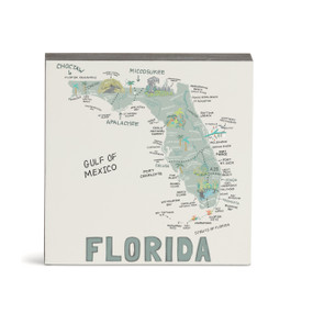 A white square wall art with an illustrated map of Florida with landmarks and cities.