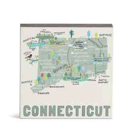 A white square wall art with an illustrated map of Connecticut with landmarks and cities.